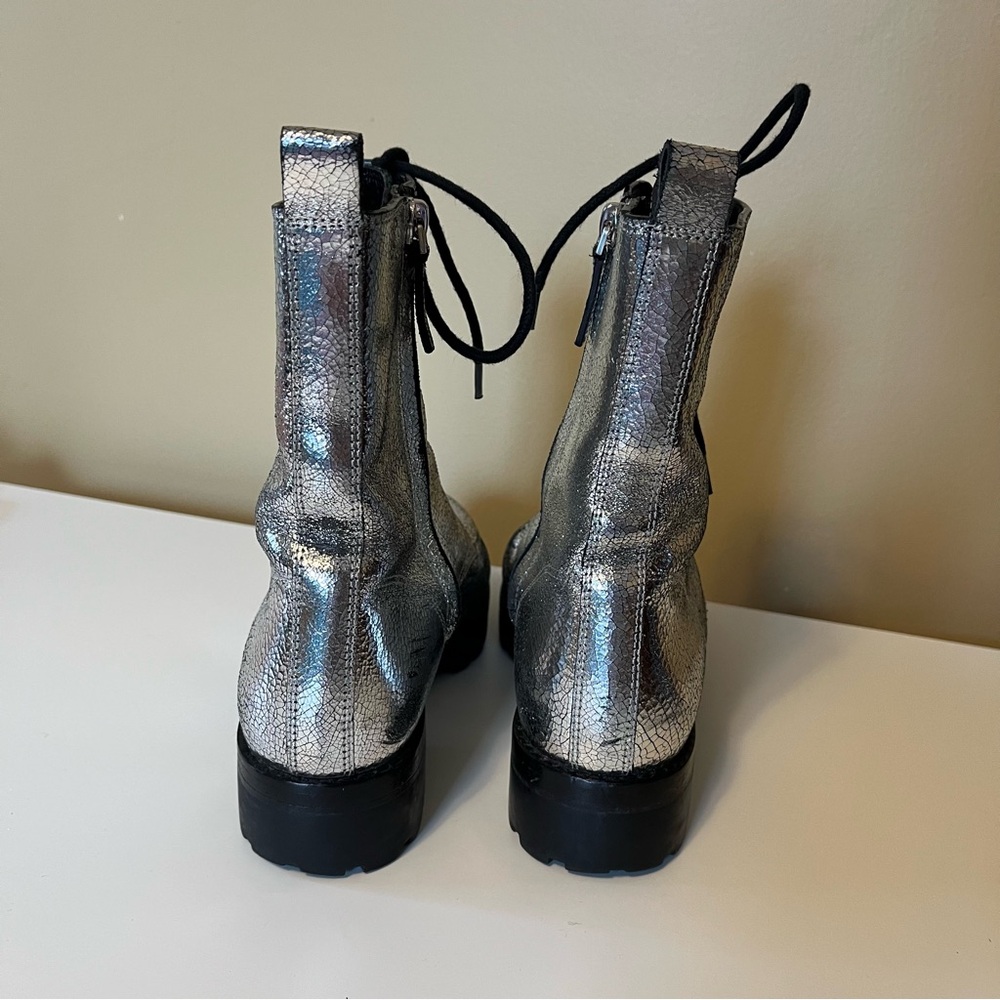 Michael Kors Collection Gita Crackled Silver Metallic Leather Combat Booties - Picture 4 of 13